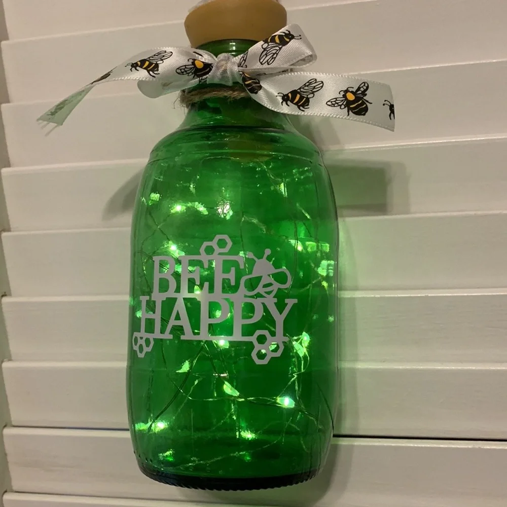 Hand Crafted- ‘Bee Happy’ Green Barrel Lantern